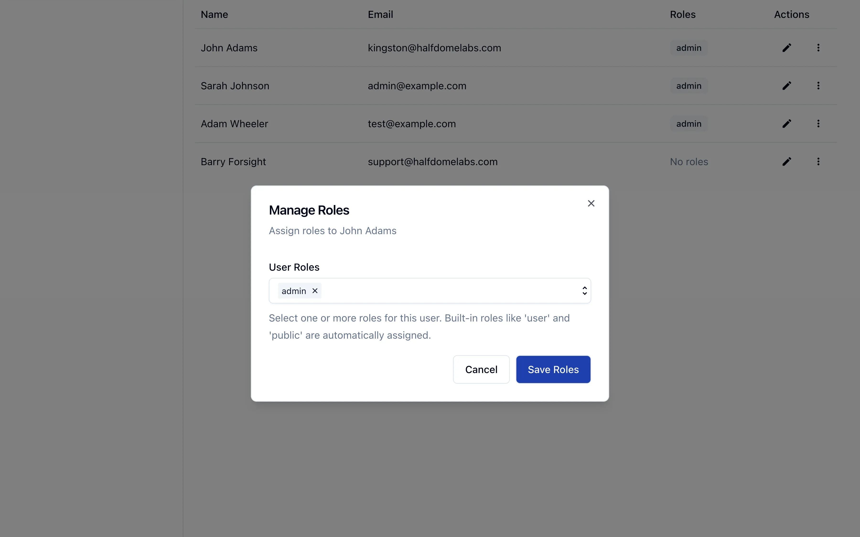 Generated admin dashboard with role management