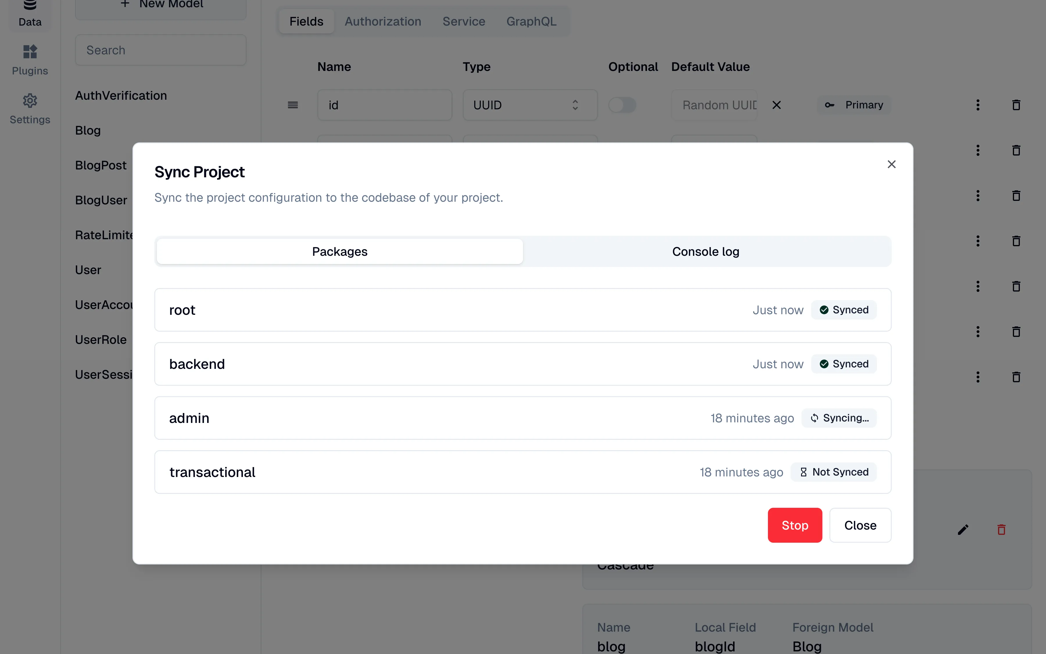 Baseplate sync project dialog